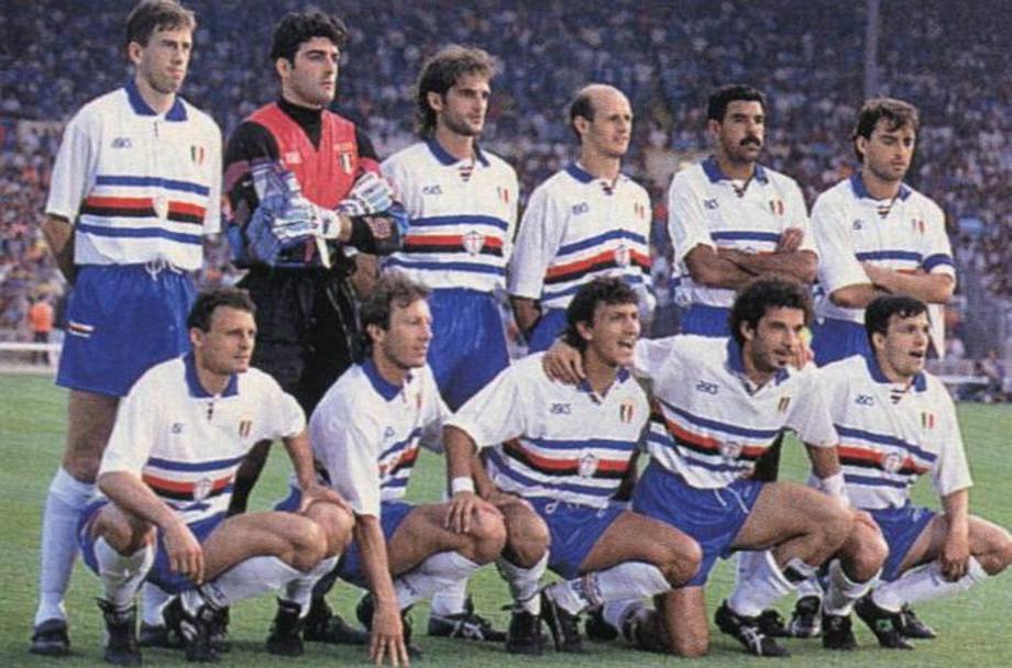 Champions League 1991-1992: la formazione della Sampdoria prima della finale persa 1-0 contro il Barcellona. Da sinistra in piedi: Katanec, Pagliuca, Lanna, Lombardo, Cerezo, Mancini. Accosciati: Vierchowod, Mannini, Bonetti Ivano, Vialli, Pari